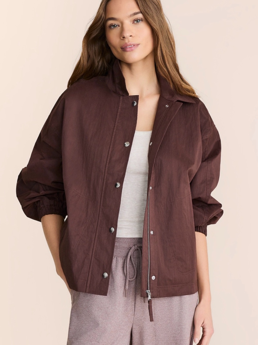 NWOT Lou & Grey Relaxed Zip & Snap Bomber Jacket in Deep Brown